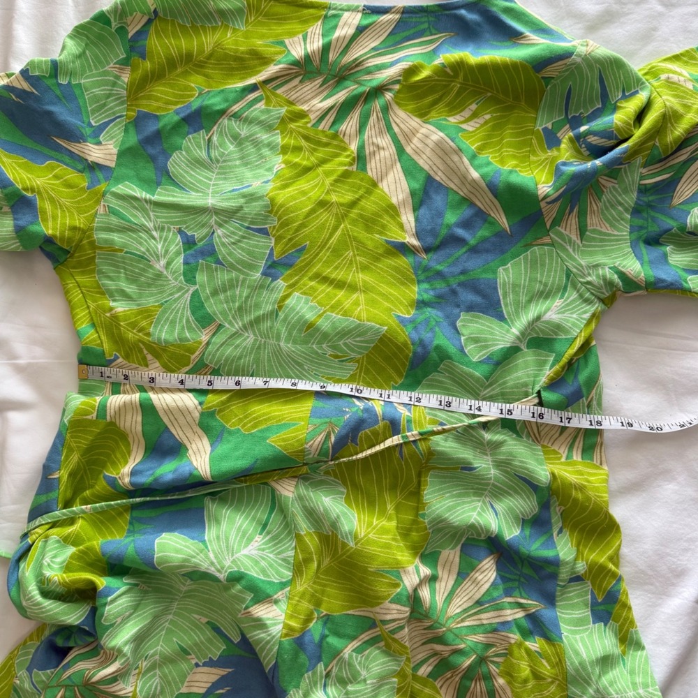 En Creme Tropical Palm Wrap Dress Green Blue Linen Large Mini Wedding Guest - Picture 9 of 12